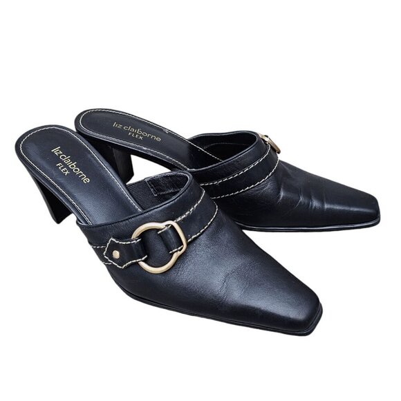 Liz Claiborne Flex Black Leather Buckle Slide Dressy Heel Mules Shoes - Picture 3 of 11